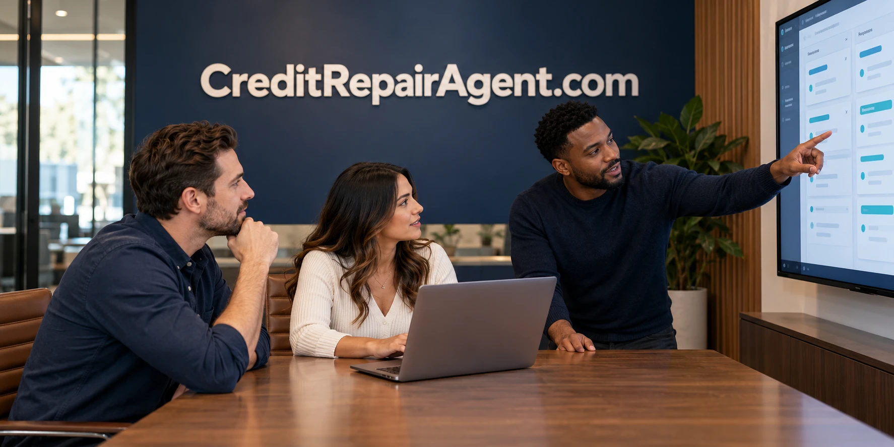 A credit-service team collaborating around a shared workspace