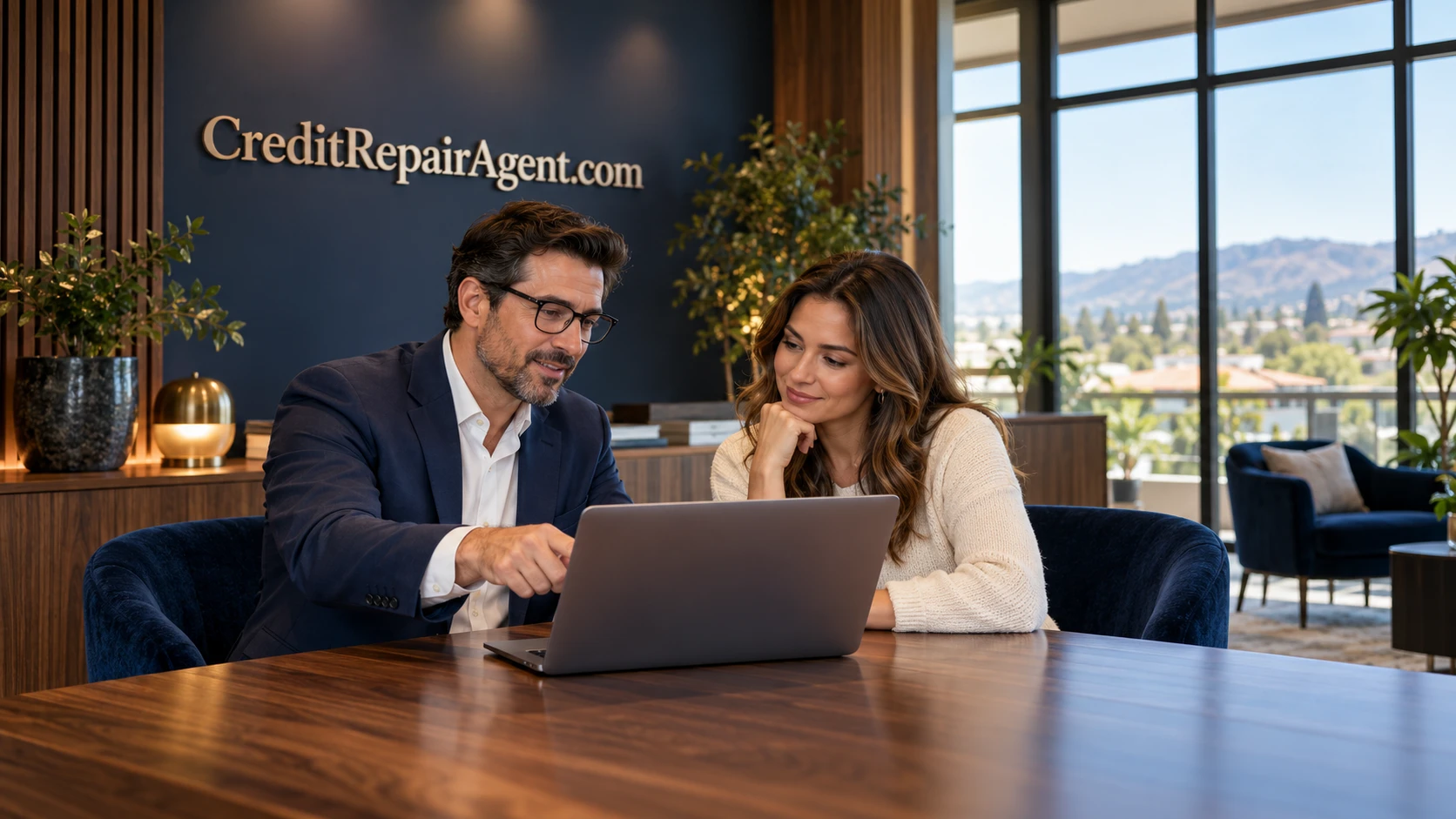 A professional credit-service consultation in a warmly lit office