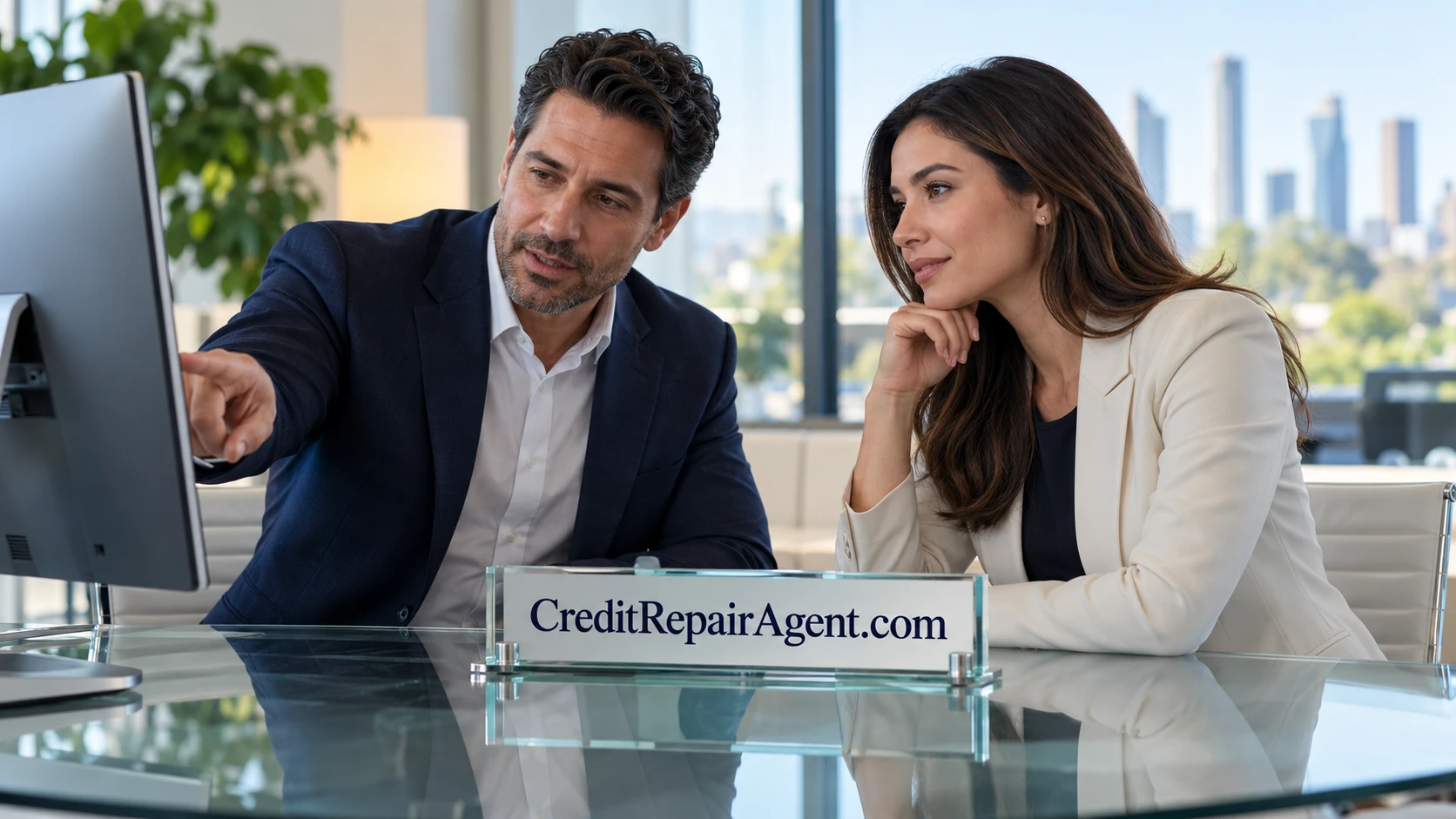 A client and professional discussing a credit-service workspace